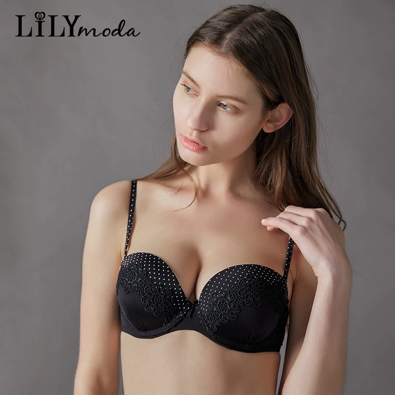 

Lilymoda New Women Vintage Polka Dot Bra Sexy Lingerie Comfortable Underwear Floral Embroidery Push Up 3/4 Cup Female Brassiere