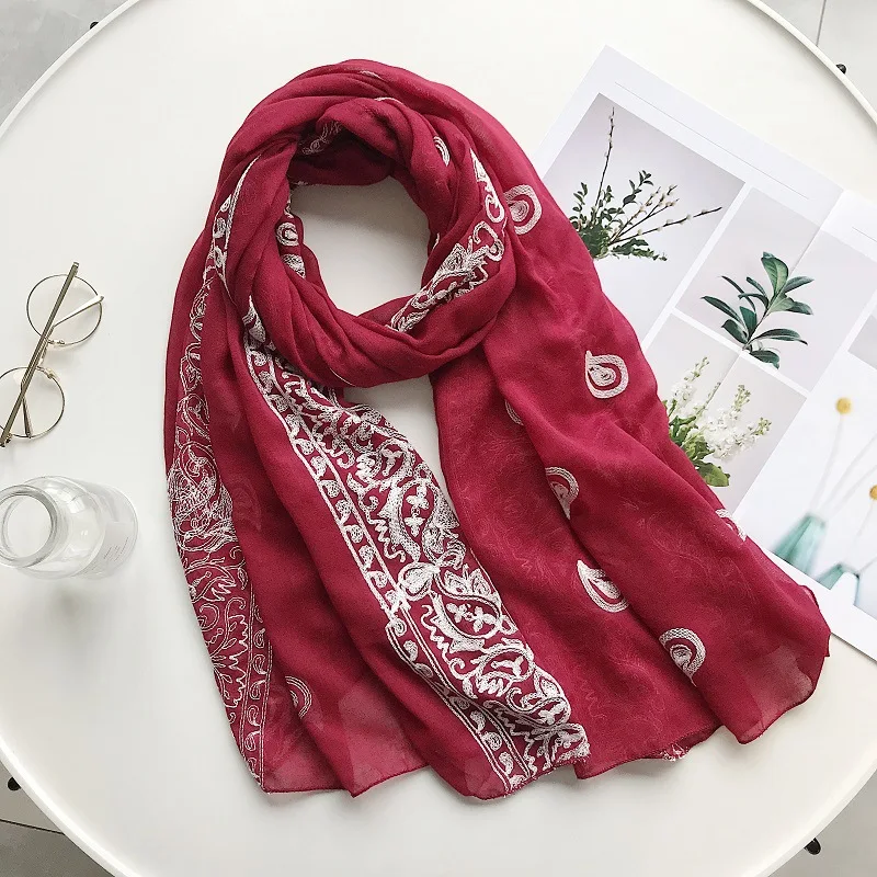 2023 Plain Embroider Cashew Floral Scarf Women Fashion Long Viscose Scarves Lady Stitch Shawls and Wraps Muslim Hijab Foulards