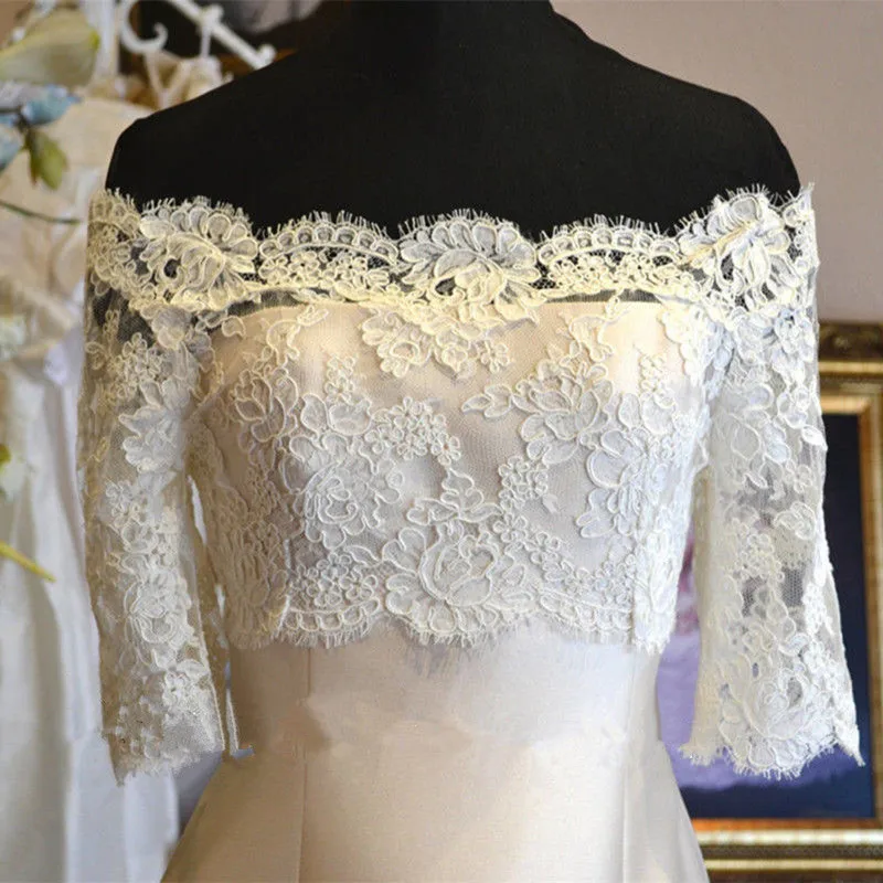 New Custom Lace Appliques Off-the-shoulder Bolero White/Ivory Lace 3/4 Sleeve Wedding Jacket Bridal Wraps Accessories Jackets