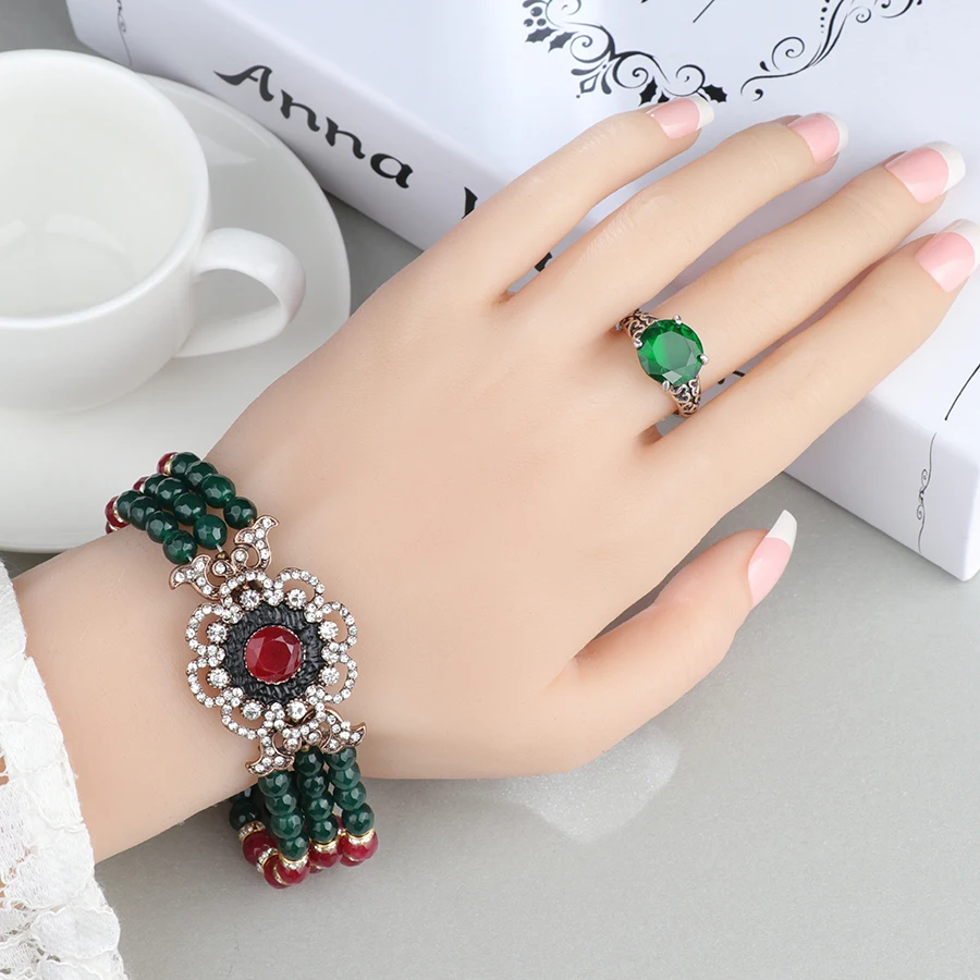 Wbmqda Wedding Crystal Turkish Jewelry Tibetan silver Mosaic Zircon Big Green Stone Boho Bride Ring