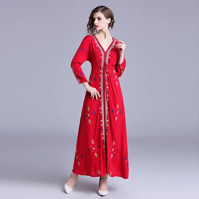 Red Casual Dresses For Women 2019 Long Sleeve V Neck Mexican Embroidered Dress Maxi Boho Vintage Robe Femme Ete 2019 DD1909