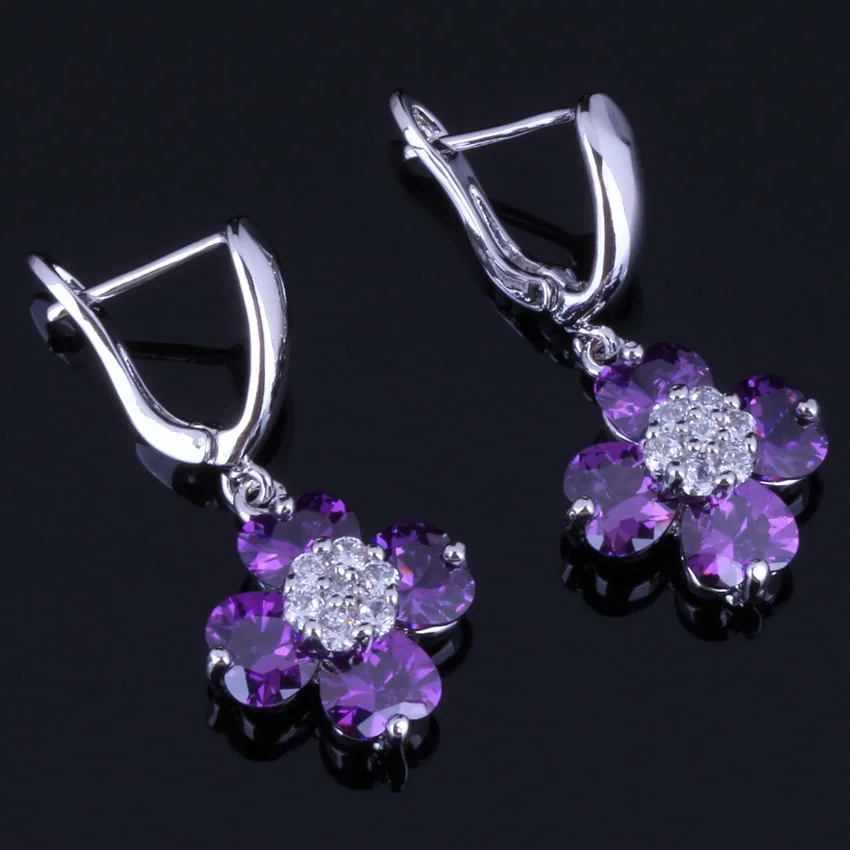 

Candy Heart Shaped Purple Cubic Zirconia White CZ Silver Plated Earrings V0773