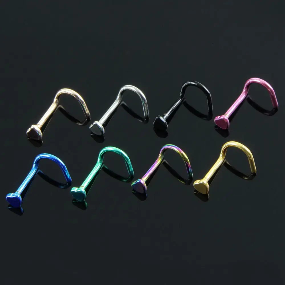 Fashion 20 pcs/lot Stainless Steel Nose Studs Hooks Screw Bar Pin Lip Labret  Rings Heart Tope Body Piercing Jewelry 8 Colors