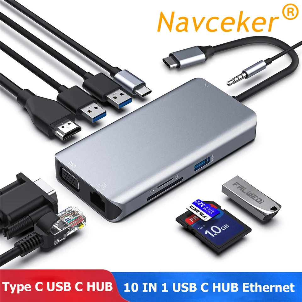 

2024 USB Hubs 10 in 1 USB C Hub With 4K HDMI USB 3.0 Port SD/TF Card Reader VGA RJ45 Gigabit Ethernet Type C HUB For Macbook Pro