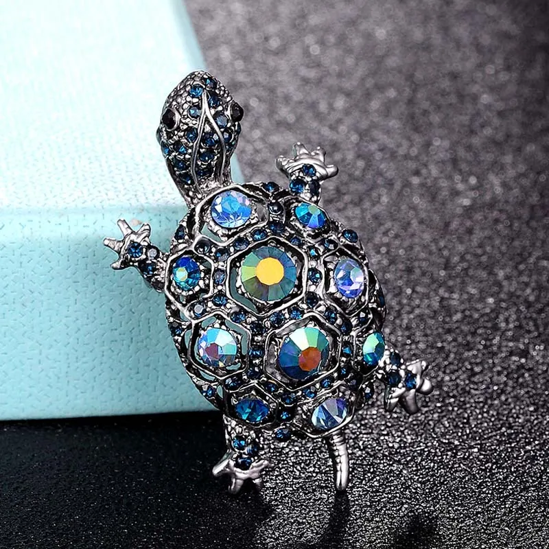 Zlxgirl Green Rhinestone Turtle Brooch Pin Cute Kawaii Vintage Tortoise Brooches Kids Gift Animal Hijab Pins Bags Accessories