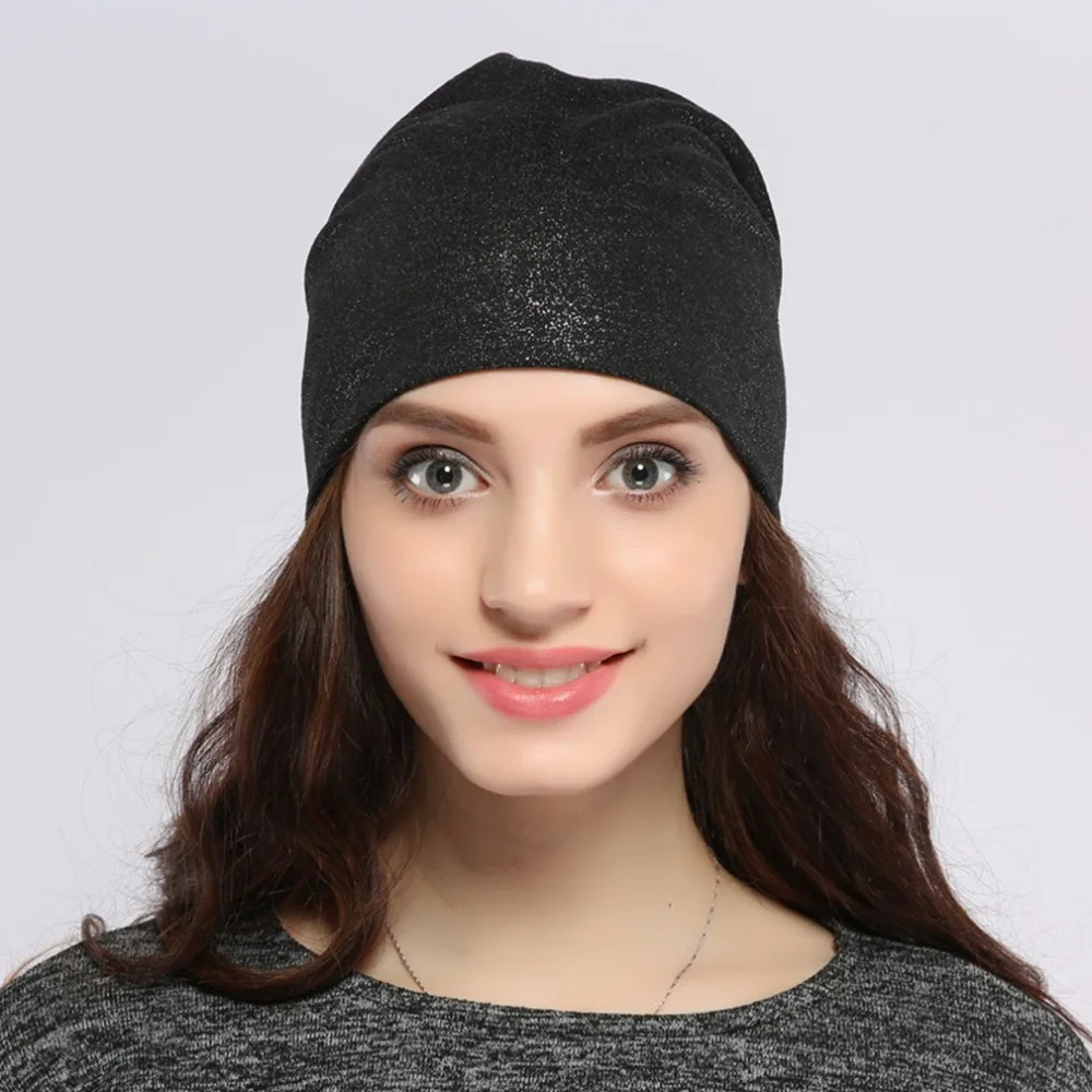 Geebro Spring Women\'s Bronzing Black Beanies Hat Casual Slouchy Beanie for Girls Metallic Color Skullies Cap Bonnet For Female