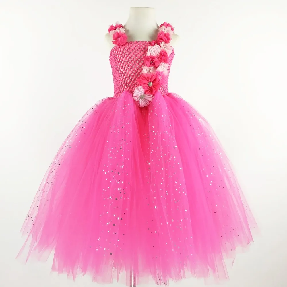 POSH DREAM Rose Hot Pink Flower Dress Girl Wedding For Party Floral Shoulder Straps Kids Girls Tulle Tutu Dress Children Clothes