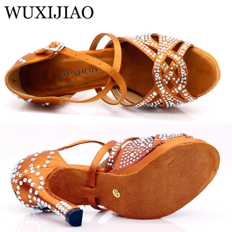 WUXIJIAO New Women Waterproof platform Satin Latin Dance Shoes Rhinestone Salsa Ballroom Dance Shoes Colors bronze