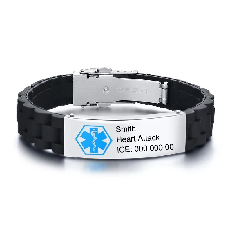 Custom Engraving Name Disease Info Emergency ID Bracelets for Men Black Silicone Sport Medical Alert Unisex Wrist Bangles