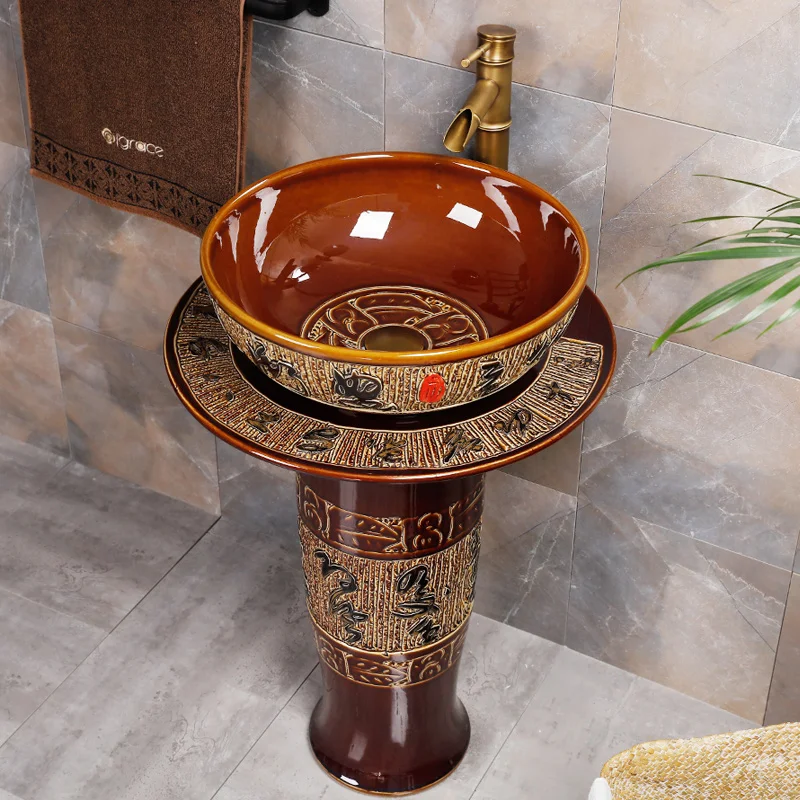 Pedestal Basin Washbasin Jingdezhen porcelain Basin Hand Carving Floor Vanity Wash Sink Pedestal brown