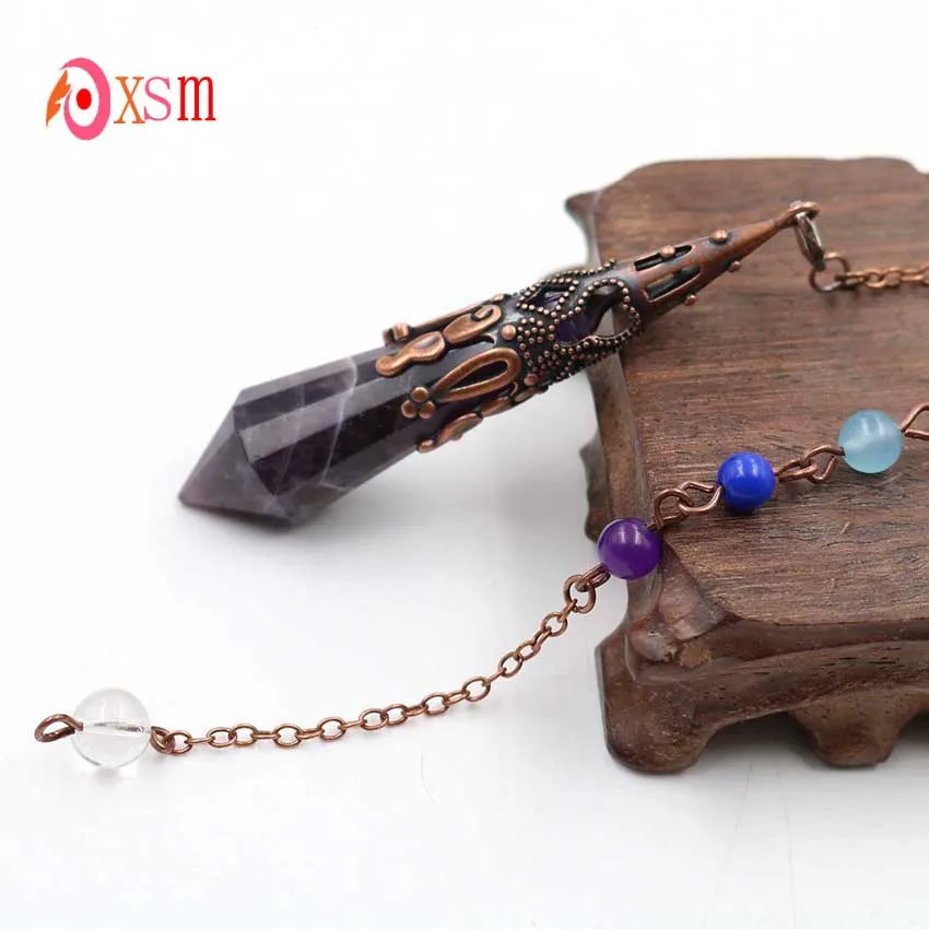 XSM 12 Faceted Pendant Pendulum 7 Chakra Reiki Healing Natural Pyramid Amethysts Crystal Stone Hypnosis Divination Jewelry