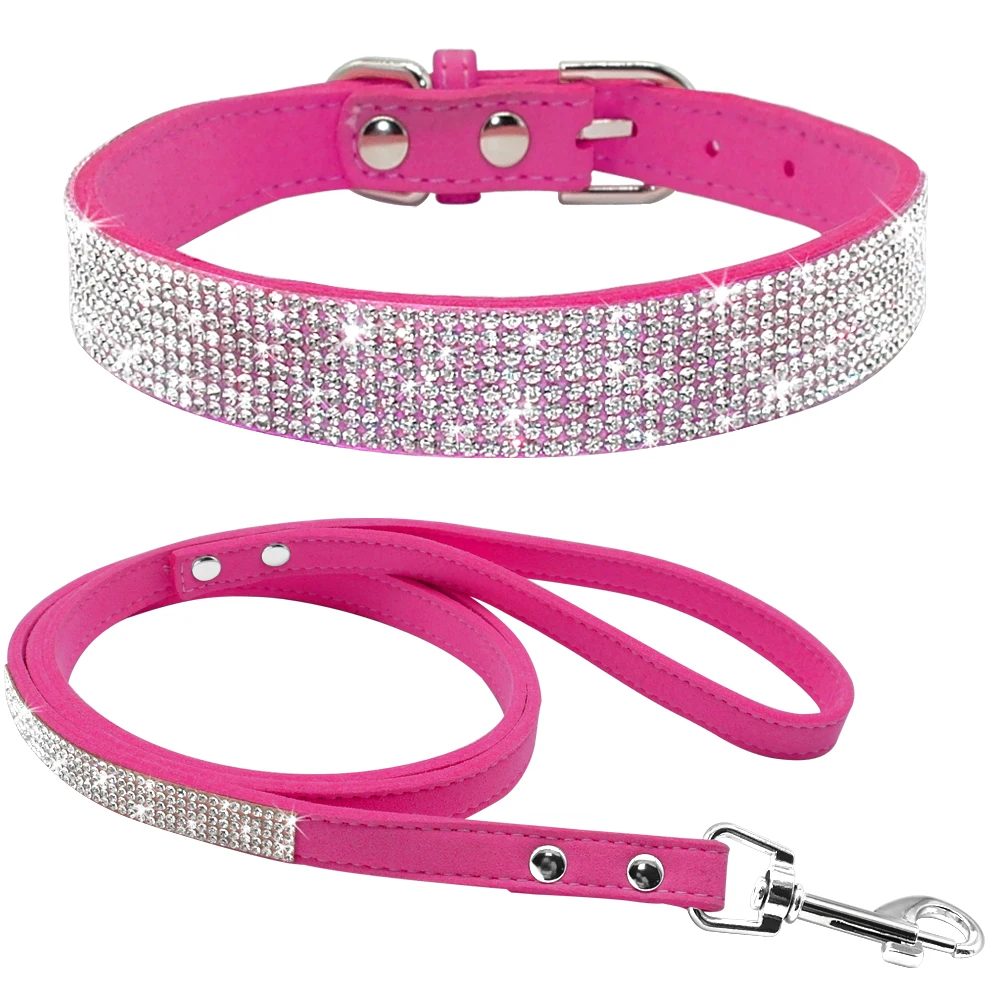 Suede Leather Dog Collar Leash Set Rhinestone Crystal Soft Material Adjustable Small Dogs Cat Pets Collars Leads Chihuahua