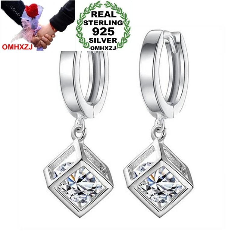 OMHXZJ Wholesale Jewelry fashion star for Woman gift 925  Love Window Sugar Cube Sterling Silver buckle Hoop Earrings YS183