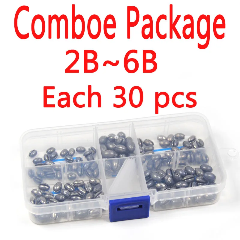 ICERIO Comboe Package 2B~6B  Each 30 pcs Total 150 pcs] Solid Oval Split Shot Lead Sinker Fishing Lure Accessories