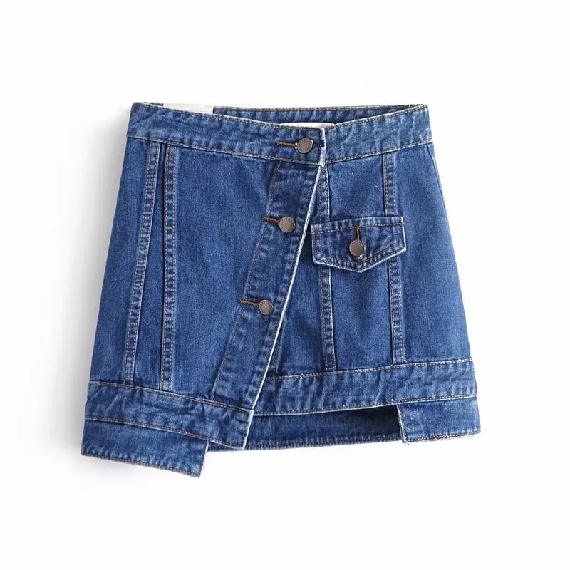 

2019 Women European Asymmetrical High Waist Split Buttons Short Jeans Skirt Female Casual Empire Mini Denim Skirt