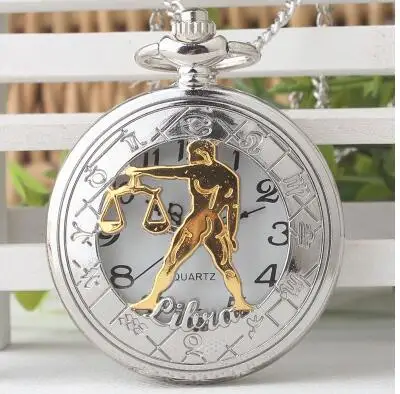 Constellation Stylish libra Design Pocket Watch Women Men Zodiac Pendant Necklace Chain Fashion Birthday Gift