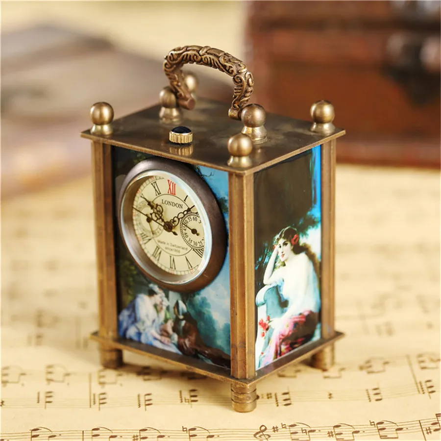 Unique Retro Painting Mechanical Table Watch Bracket Clock Vintage Antique Art Square Bronze Home Decoration Watch Clock
