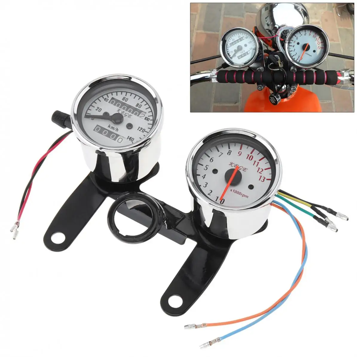

0-13000RPM 0-140km/h 12V Universal Stainless Steel Retro Car Instrument Assembly Tachometer Odometer for Motorcycle