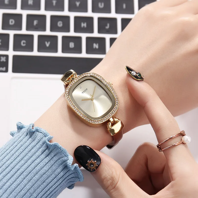 Korean style Woman Zircon Square Dial Watch Fashion Alloy Watch leather watchband lady wrist squarz Watch