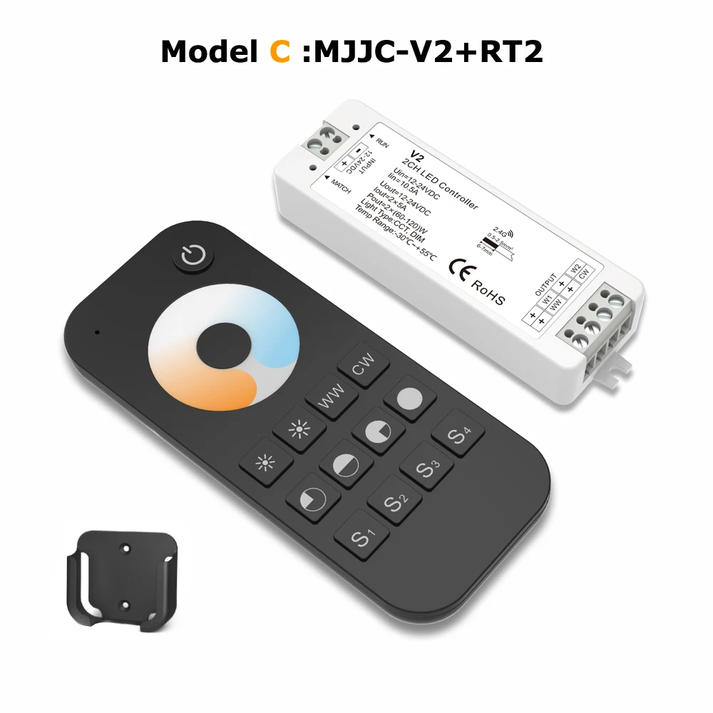 WW CW LED Controller 12V 24V 10A 2CH 2.4G Single Color CCT Light Strip LED Dimmer Controller RF Wireless Remote with Holder V2