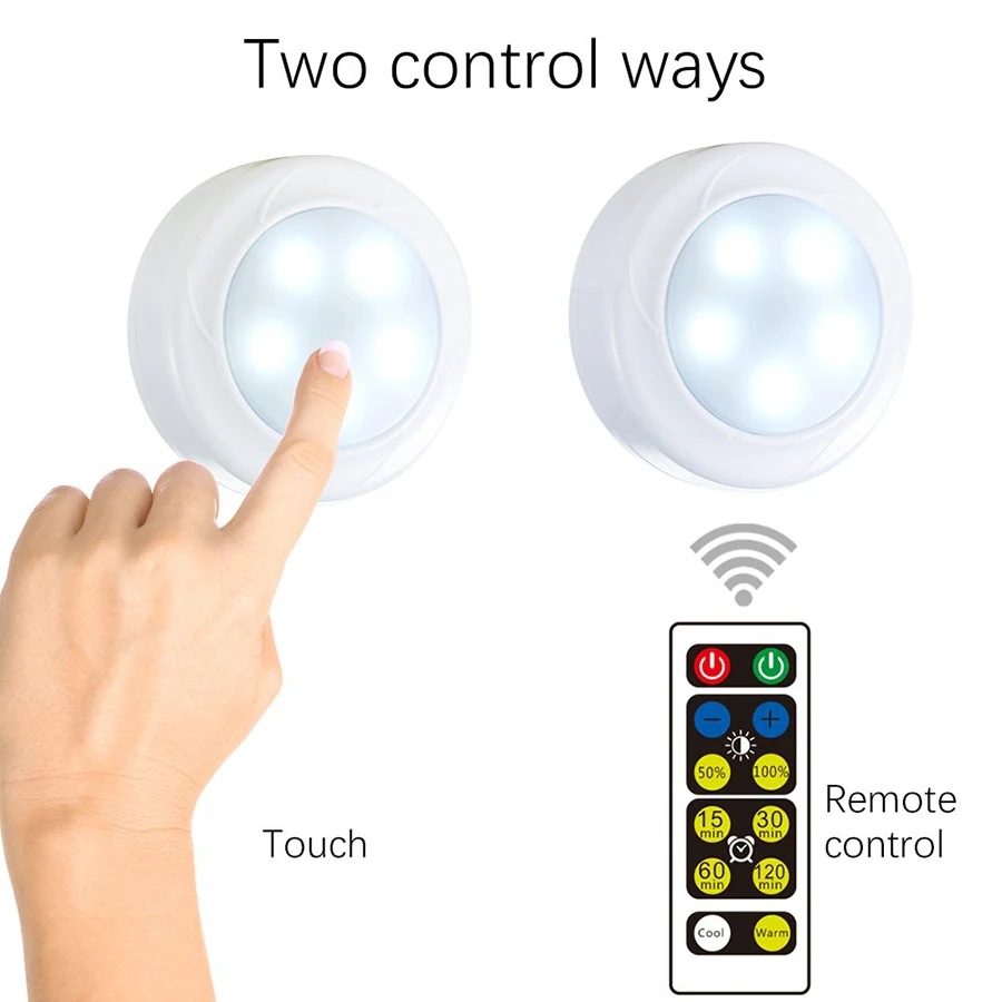 Remote Control LED Cabinet Light Touch Sensor Wireless Puck Light Dimmable Battery Operated Closet Kitchen Bedside Night Light