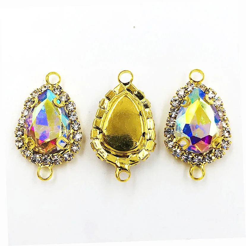 Gold bottom teardrop Double loop Crystal button AB color high quality Glass Crystal sew on rhinestones diy/Clothing accessories