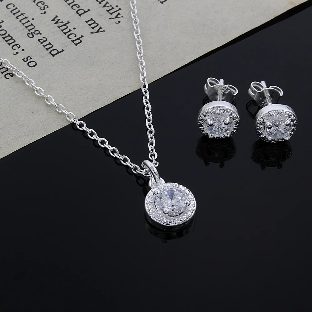 HOT promotion Lover gifts cute silver color  fashion noble women shiny crystal CZ necklace earring jewelry set Wedding cs006