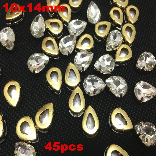 

Crystal Clear Color Sew On 45Pcs/Lot 10x14mm Crystal Teardrop Fancy Stone With Hollow Goldl Claw Setting