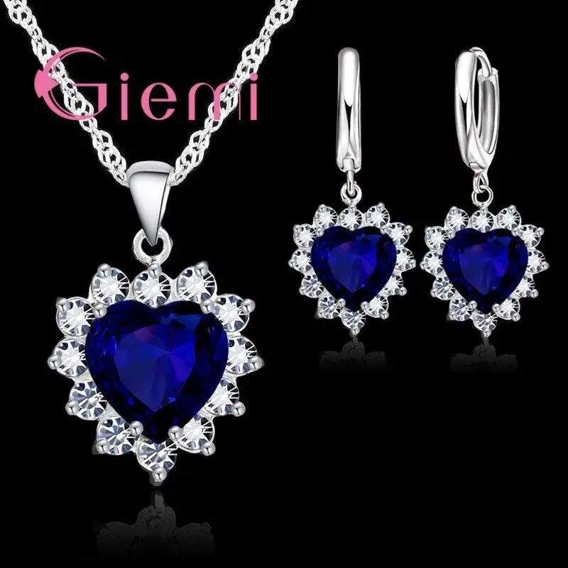 Different Colorful Cubic Zirconia Pendant Necklace Earrings Jewelry Sets Beautiful Heart Flower 925 Sterling Silver Gifts