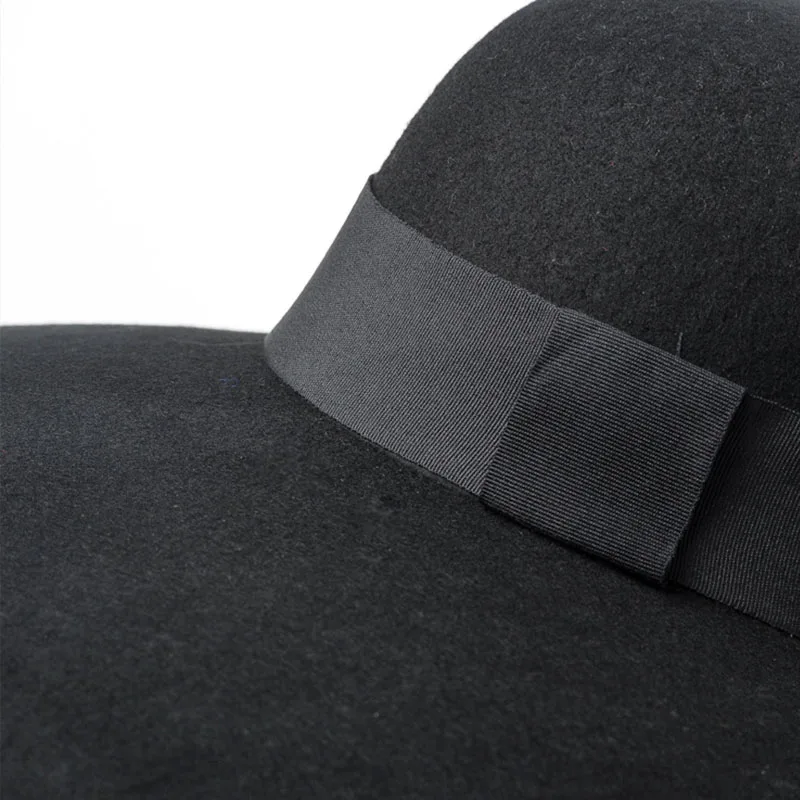 Women 16cm Large Wide Brim Wool Felt Hat Chic Floppy Warm Winter Trilby Hat Ribbon Bowknot Church Dress Wedding Fedora Jazz Hat