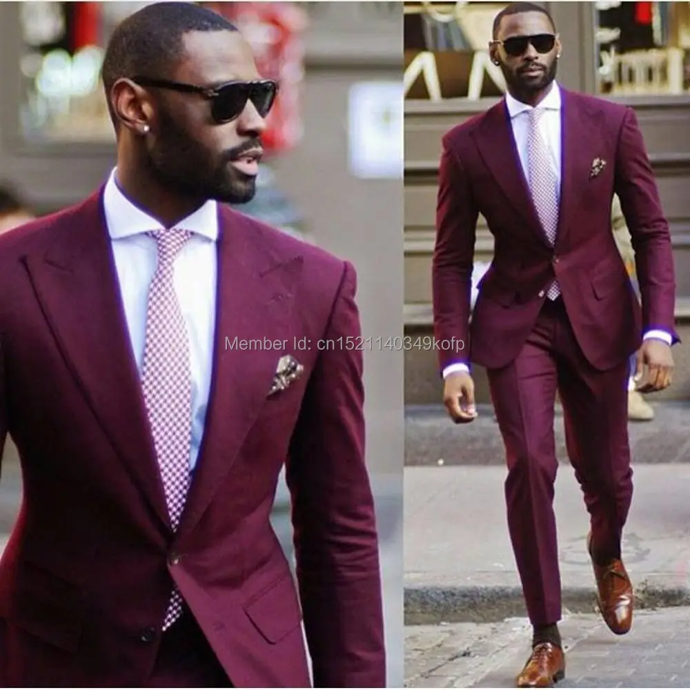 

Men Wedding Suits 2018 Burgundy Men Suits With Pants Peaked Lapel Groom Slim Fit Tuxedo Formal Dress Wedding Best Man Blazer