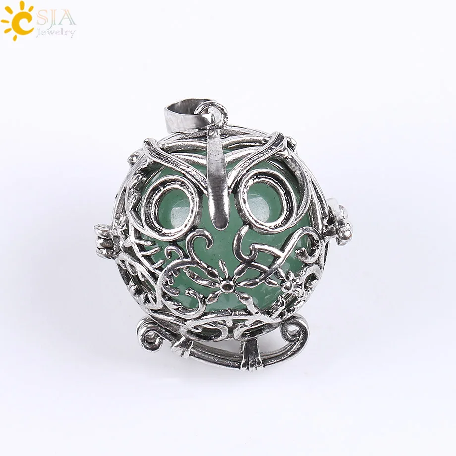 CSJA Cute Owl Openable Locket Pendants Antique Cage Ball Gem Stone Amulet Natural Jewelry Pink Quartz Opal Green Aventurine E683