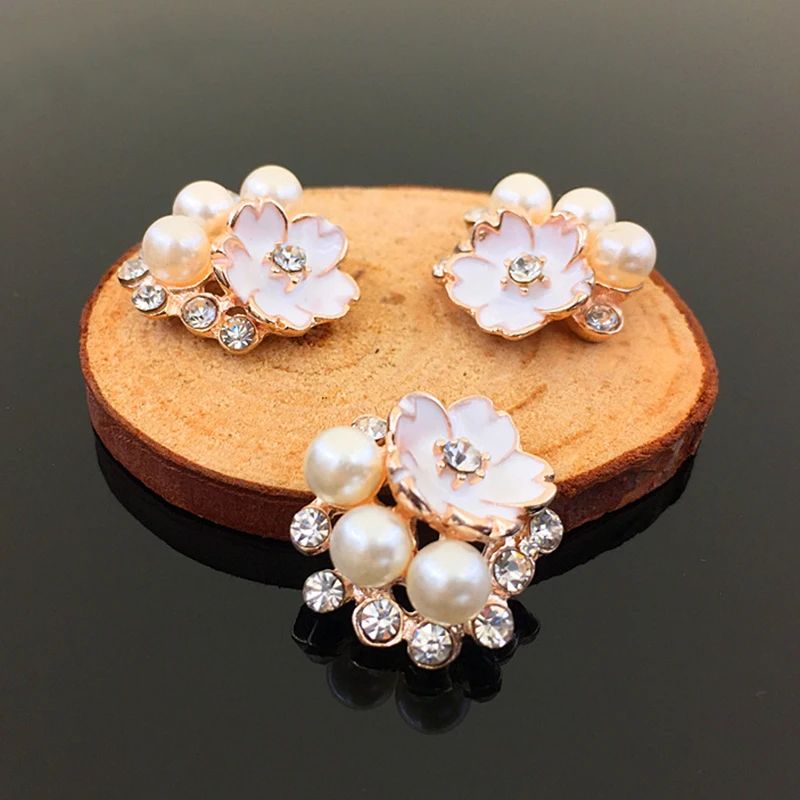 2016New 60Pcs White Flower Pearl Rhinestones Button for DIY Hair and Shoes Flower Accessories HZ257