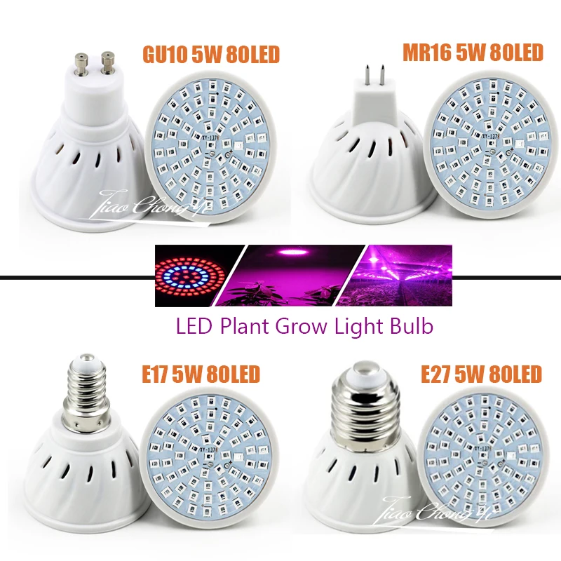 

LED Plant Grow Light Bulb E14 E27 GU10 MR16 SMD 2835 80LED Flower Veg Hydroponic Lamp 110V 220V Full Spectrum LED