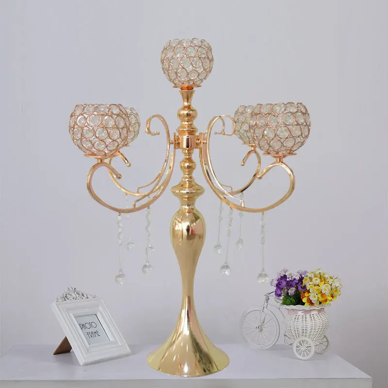 

5 Arms Crystal Candelabras Tea Light Metal Candle Holder Height 65 cm Wedding Decoration Festival Party Birthday Centerpiece
