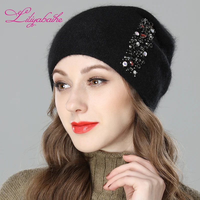 LILIYABAIHE Women Autumn And Winter Hat angora Knitted Skullies Beanies Cap Colored vertical strip diamond decoration hats