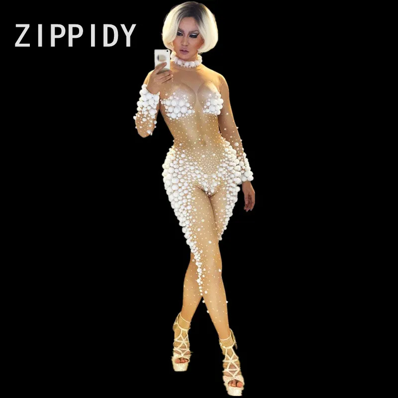 Sexy Witte Kleine Ballen Jumpsuit Kerst Stadium Slijtage vrouwen Stretch Naakt Rompertjes Nachtclub Tonen Verjaardag Prom Vieren Kostuum