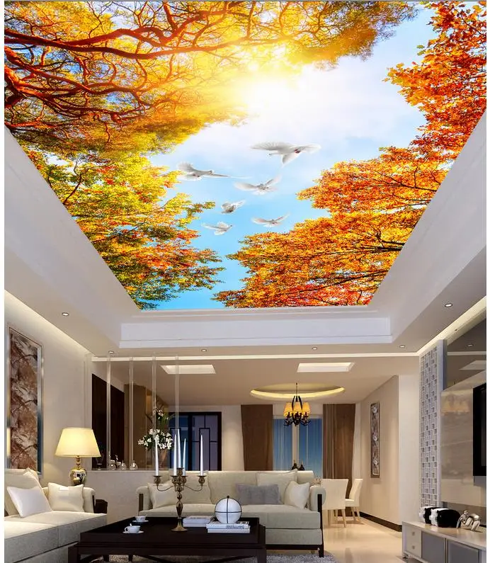 

3d wallpaper mural Maple Leaf blue pigeons living room bedroom ceiling Home Decoration Backdrop wallpaper ceiling