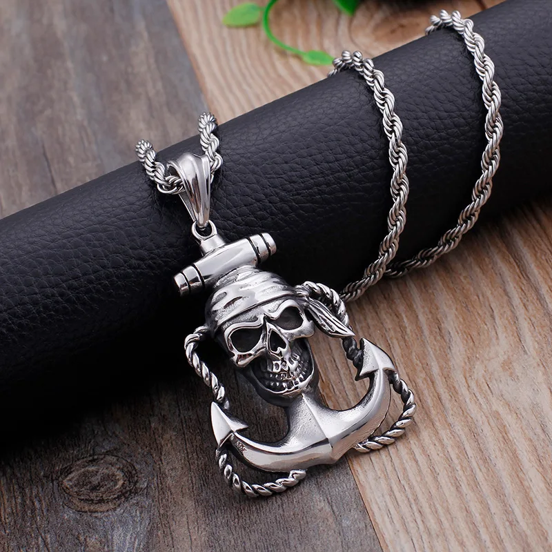 European and American style domineering pirate skull anchor  Men's glossy hook titanium steel cross pendant