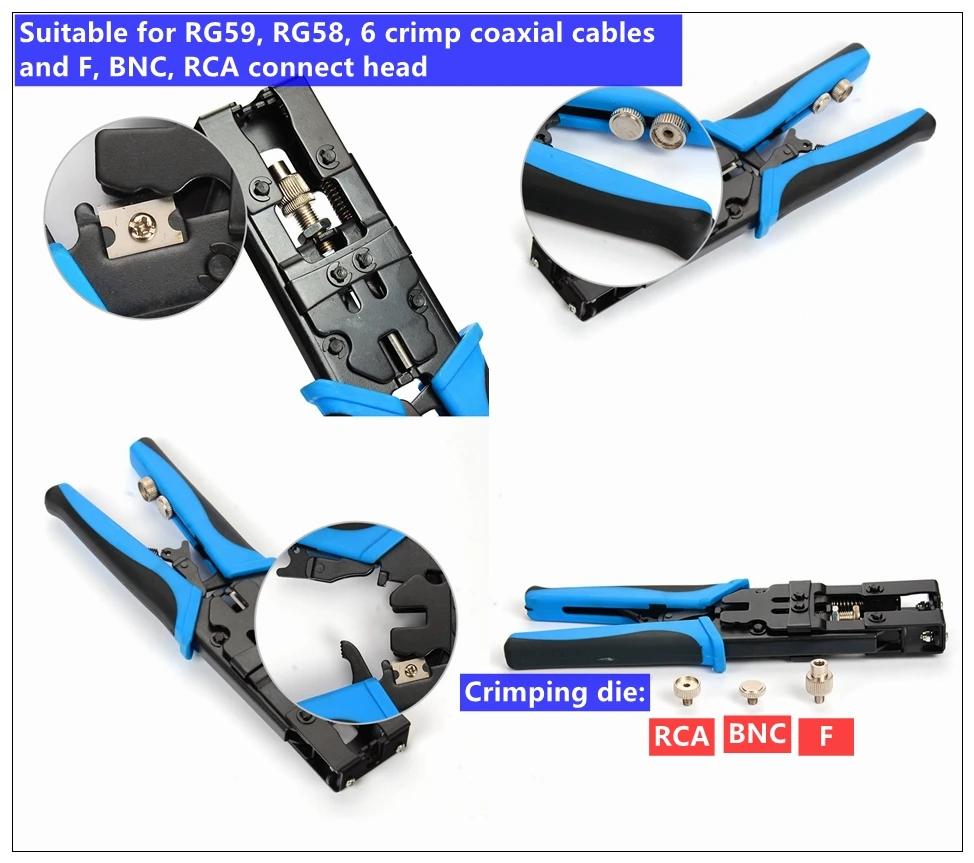 Tool kit adjustable BNC/RCA/F Coax Compression Connector Crimping Tool Wire Cutter for RG58 RG59 RG6 Waterproof Connectors