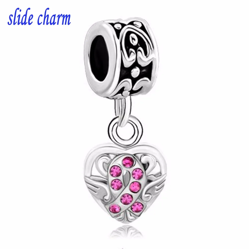 2023 New Slide Charm Care of Female Breast Cancer Pink Crystal Ribbon Beads Fit Pandora Bracelet