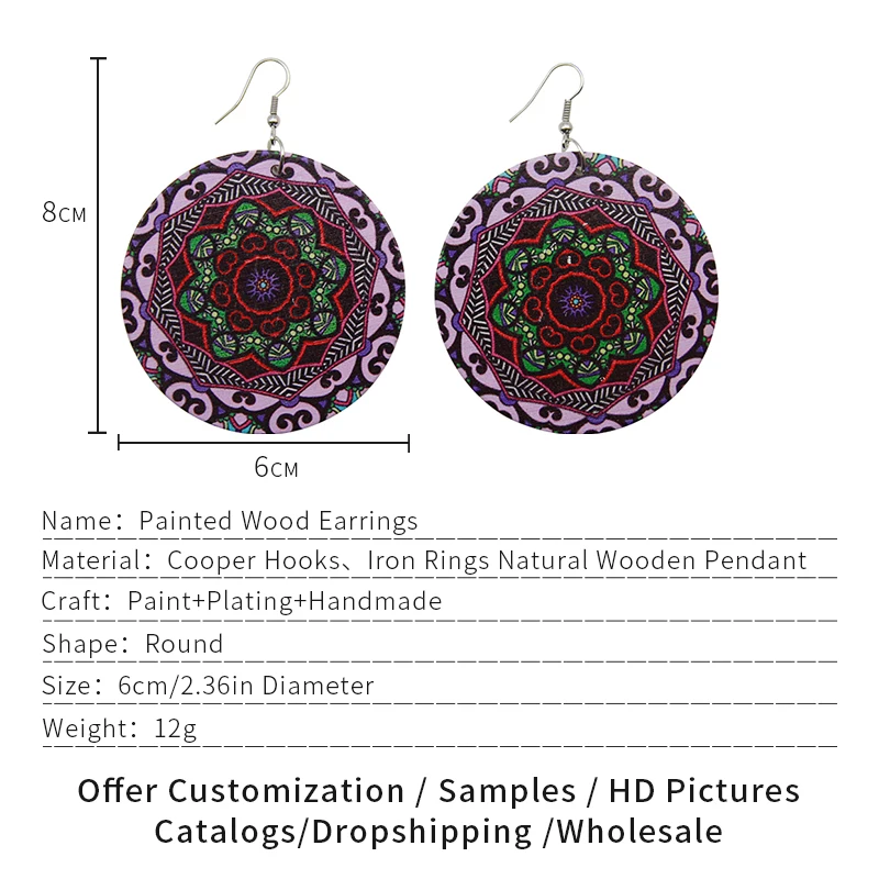 SOMESOOR 6cm Flat Round African Flower Natural Wood Drop Earrings For Women Afrocentric Ethnic Photos Bohemian Jewelry