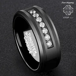 8mm Black Tungsten Carbide Ring Diamonds Inlay Comfort Fit Wedding Band Bridal