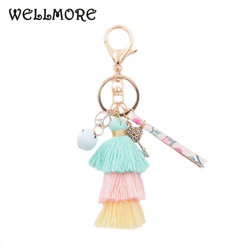 WELLMORE BOHEMIA leather,Cloth ball,key,long tassel colorful  alloy Key Chain For Women Girl Bag Keychain wholesale jewelry