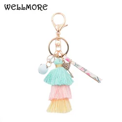 WELLMORE BOHEMIA leather,Cloth ball,key,long tassel colorful  alloy Key Chain For Women Girl Bag Keychain wholesale jewelry