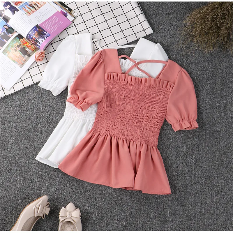 

2019 New Women Summer Ruffles Blouse Sexy Tie Chiffon Blouses Female Slim Solid Bottoming Short Sleeve Shirts Short Tops AB1371