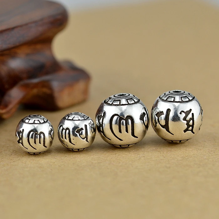 NEW! 925 Silver Tibetan OM Mani Padme Hum Beads Pure Silver Buddhist Words Beads Real Silver Tibetan Six Proverb Jewelry Beads