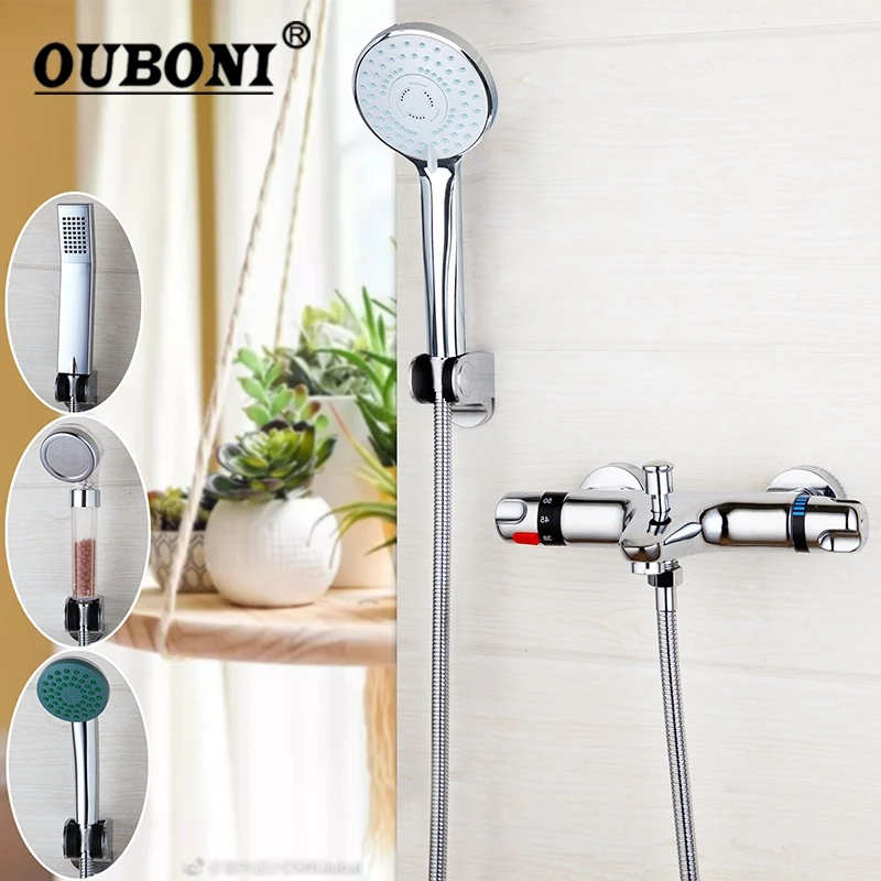 

OUBONI Wall Mounted Thermostatic Mixer Taps Basin Faucet Set Exposed Shower Faucet Chrome Brass Bathtub Sink & Shower Hand