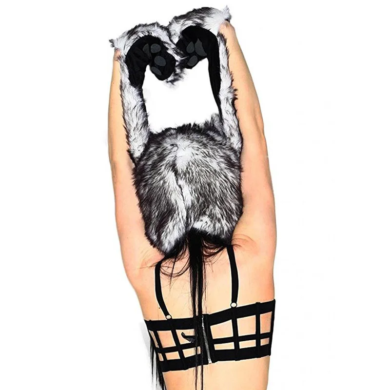 الشتاء القبعات للنساء مع آذان Grils الأبيض الذئب أنيمي فو الحيوان هود القلنسوات قفازات قفازات وشاح روح الكفوف آذان دافئة