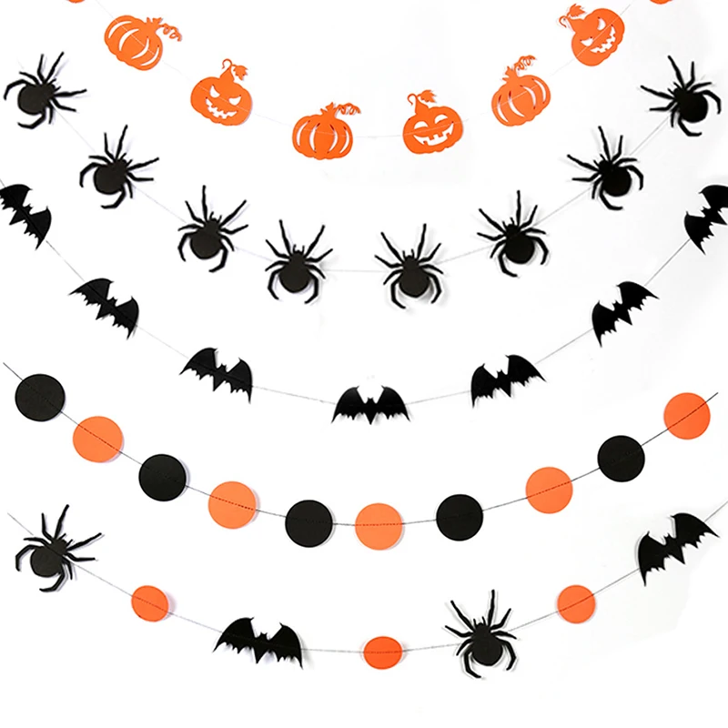 4M Orange/Black Paper Hanging Flag Halloween Decoration Prop Round Spider Pumpkin Bat Bunting Banners Halloween Party Supplies